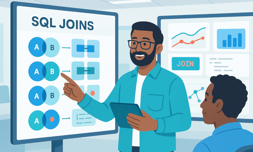 Un formateur enseignant les concepts de jointures SQL à un groupe, illustrant divers types de jointures comme INNER JOIN et LEFT JOIN sur un tableau.