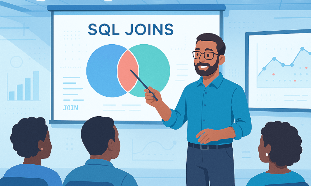Présentation sur les jointures SQL avec un graphique et un formateur expliquant les concepts de jointure entre tables.