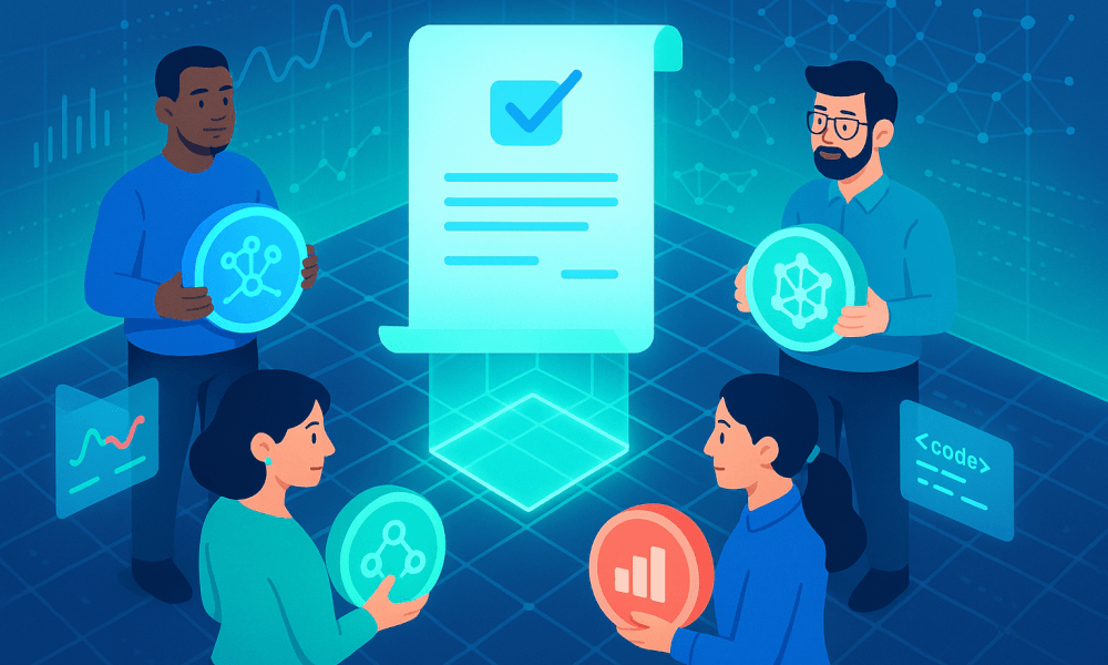 Illustration représentant un groupe de personnes tenant des symboles de gouvernance participative et de blockchain, en lien avec les DAO.