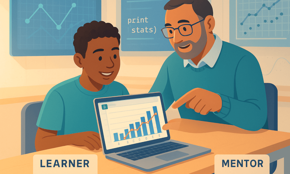 Un mentor enseignant à un apprenant à utiliser Excel, illustré sur un ordinateur portable avec un graphique à barres montrant des statistiques. Formation Excel pour débutants et avancés.