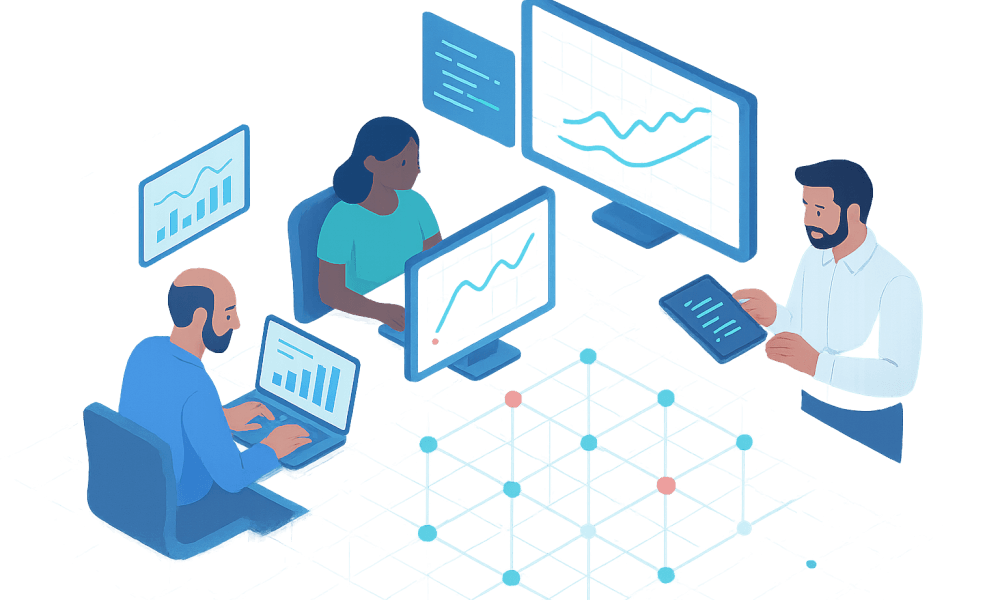 Équipe utilisant Airtable pour la gestion de projets collaboratifs et l'analyse de données sur plusieurs écrans.