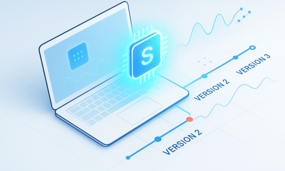 Illustration d'un ordinateur portable montrant l'évolution des versions de macOS avec des icônes de mise à jour et des graphiques de performances.