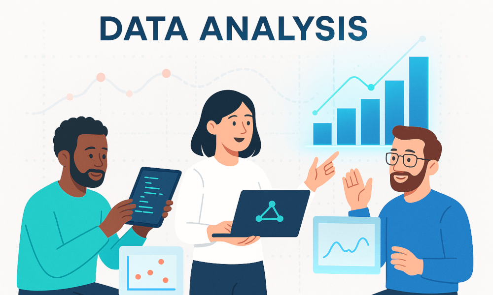 Groupe de personnes collaborant sur l'analyse de données, illustrant les concepts liés à ServiceNow et aux solutions ITSM.