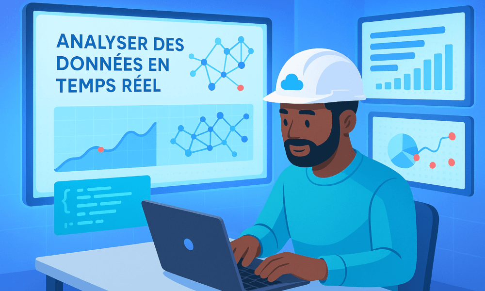 Un professionnel analysant des données en temps réel sur Microsoft Azure, avec des graphiques et des analyses affichés sur des écrans autour de lui.