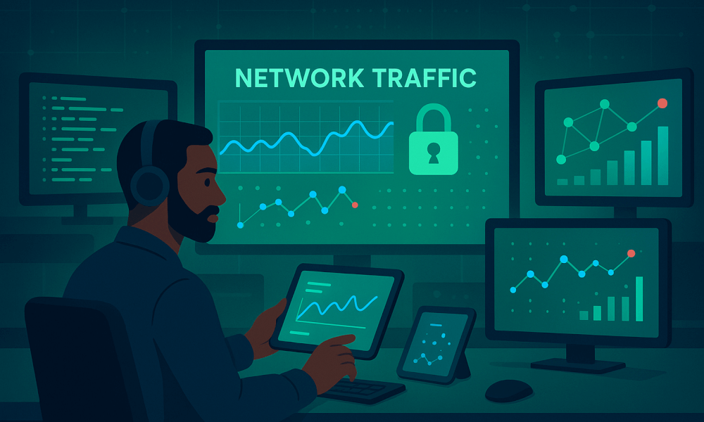 Professionnel examinant des graphiques d'analyse de trafic réseau sur plusieurs écrans avec des données sécurisées.