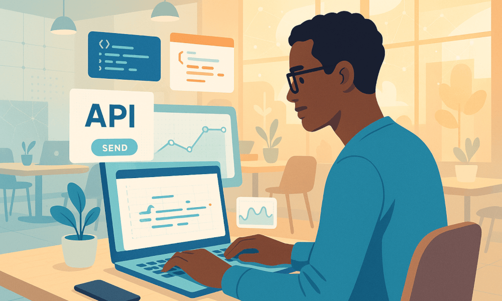 Illustration d'un développeur utilisant une API REST sur un ordinateur, avec des graphiques et des lignes de code visibles, mettant en avant l'intégration d'API et le développement web.