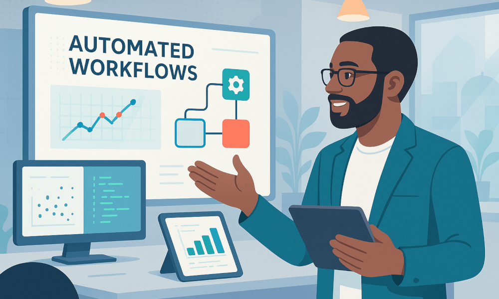 Un professionnel montrant un tableau avec des flux de travail automatisés, illustrant les solutions de ServiceNow pour la gestion des services informatiques.