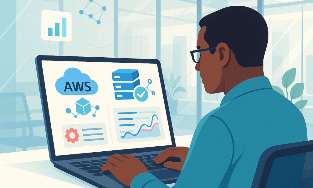 Personne utilisant un ordinateur portable pour explorer les services Amazon Web Services, avec des icônes AWS et des graphiques de données visibles à l'écran.