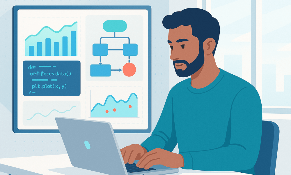 Un business analyst travaillant sur un ordinateur portable, avec des graphiques et des diagrammes montrant l'analyse de données et des processus.