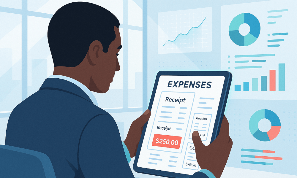 Illustration d'un utilisateur consultant un rapport de dépenses sur une tablette dans un environnement de bureau, mettant en avant les solutions de gestion des frais avec Concur.