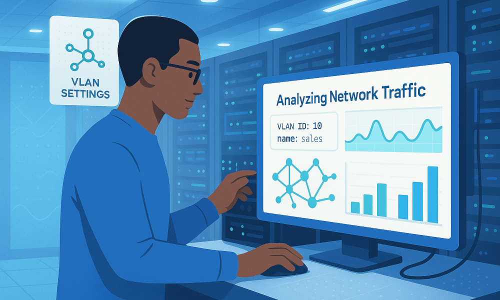 Un professionnel de l'informatique analysant le trafic réseau sur un écran, montrant les paramètres VLAN avec un identifiant 10 et le nom 'sales'.
