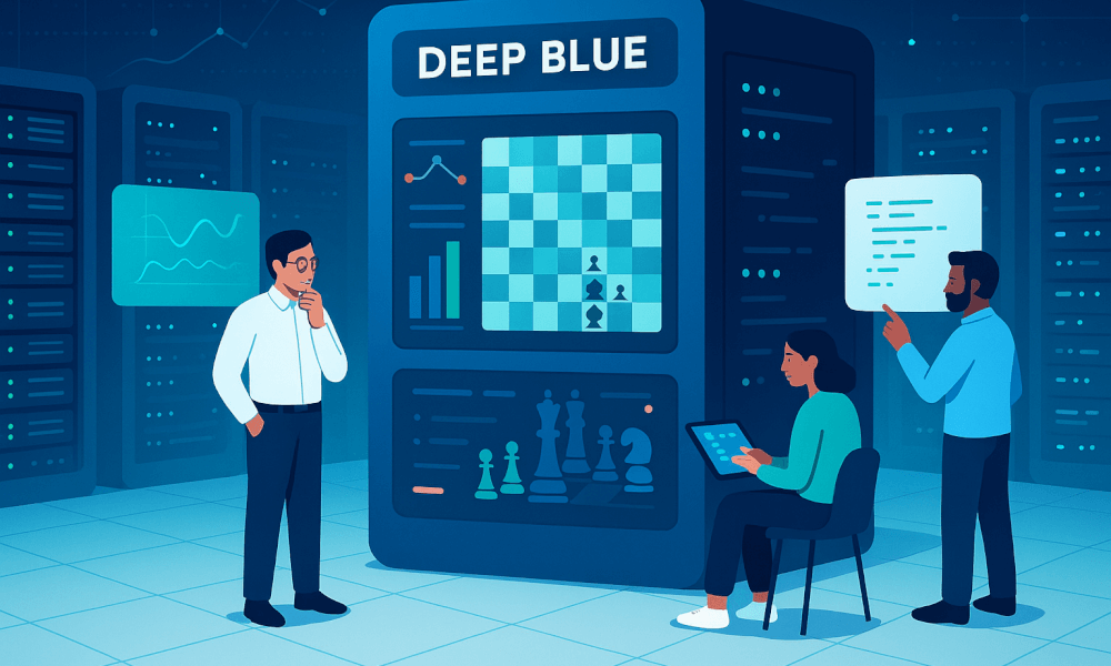 Illustration de Deep Blue, le superordinateur d'IBM, analysant une partie d'échecs dans un environnement technologique, avec deux personnes interagissant avec l'interface.