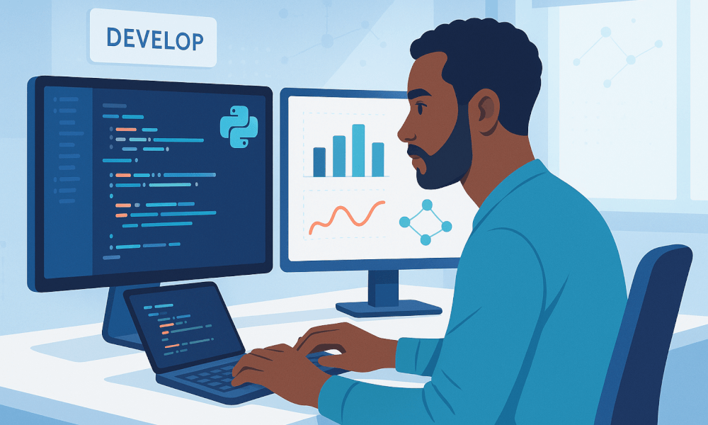 Développeur travaillant sur FastAPI avec deux écrans montrant du code Python et des visualisations de données