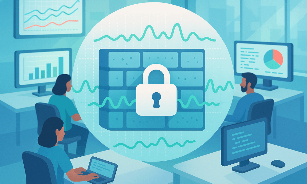 Illustration d'un pare-feu informatique avec un cadenas, symbolisant la sécurité réseau, entouré de graphiques et de données dans un bureau moderne.