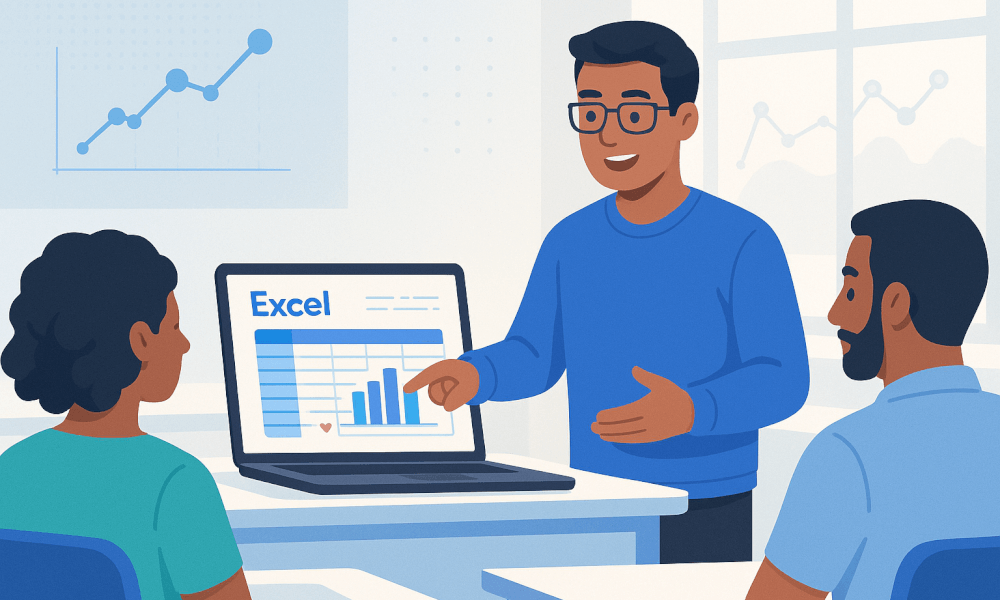 Un formateur présentant un tutoriel Excel sur un ordinateur portable à des étudiants lors d'une formation Excel en ligne.