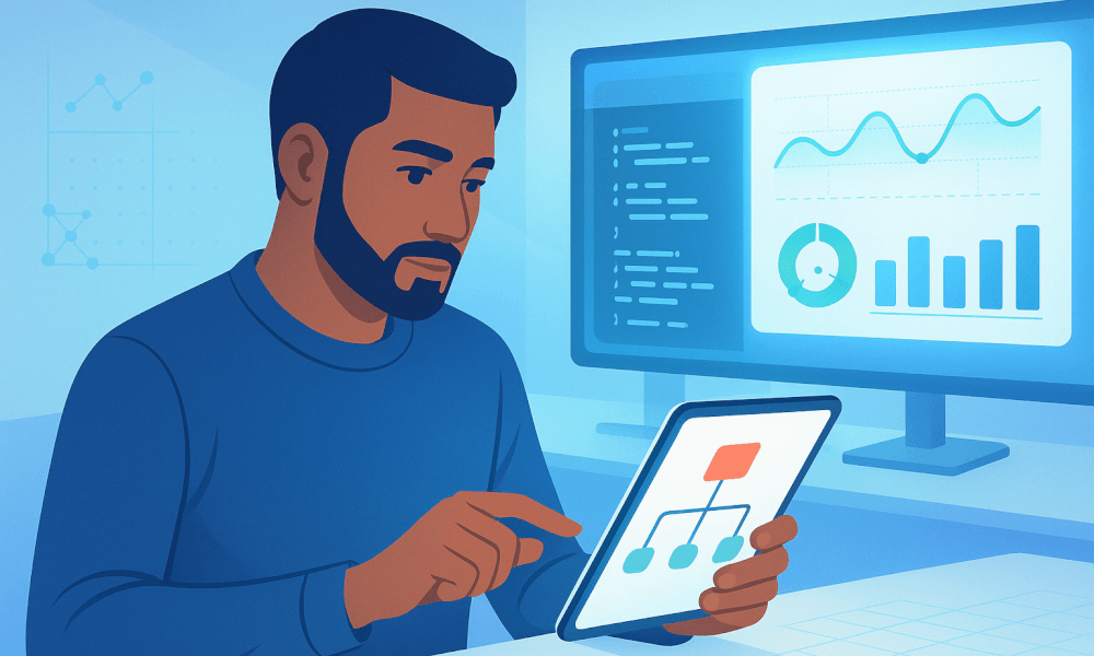 Personne utilisant une tablette pour visualiser un diagramme de flux, avec des graphiques et du code sur un écran d'ordinateur en arrière-plan, illustrant l'utilisation du framework.