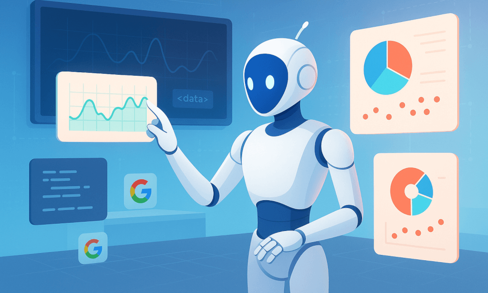 Robot interactif affichant des graphiques analytiques relatifs à Google Bard et à l'intelligence artificielle.