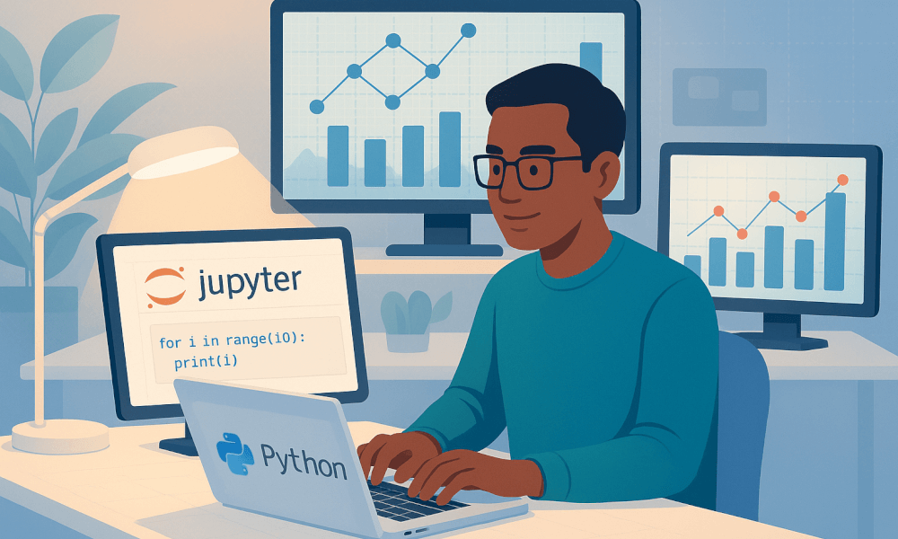 Un utilisateur travaillant sur un notebook Jupyter affichant du code Python et des graphiques de données sur des écrans, illustrant l'utilisation de Google Colab pour l'exécution de code Python en ligne.