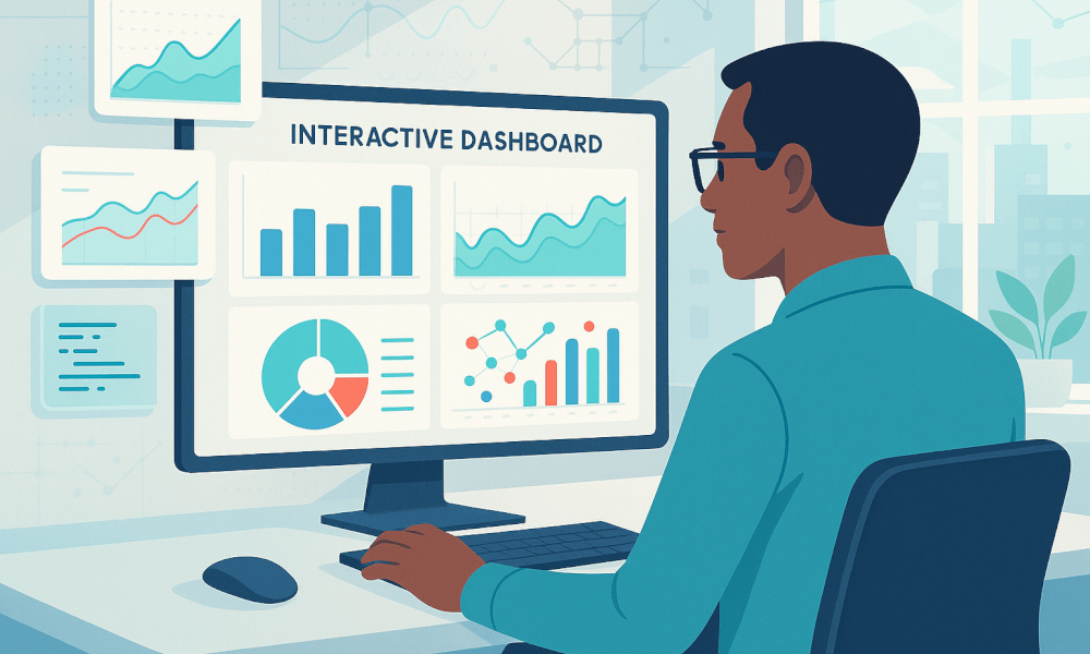Personne utilisant un tableau de bord interactif dans Looker Studio, affichant des graphiques et des données de performance