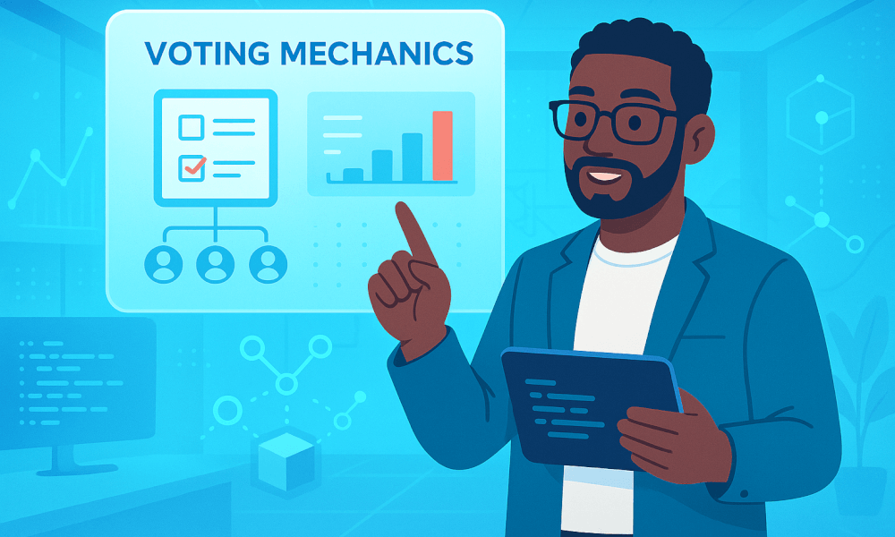 Personne expliquant les mécanismes de vote dans un contexte de gouvernance décentralisée, avec un graphique illustrant les résultats des votes en rapport avec les DAO.
