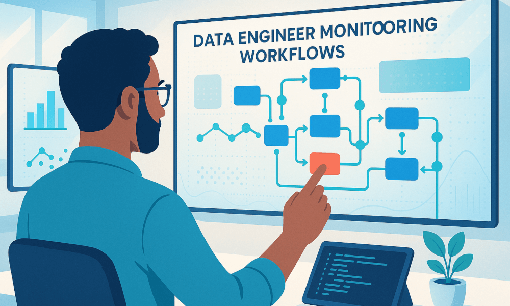 Ingénieur des données surveillant des workflows complexes avec Apache Airflow, affichant des graphiques et des diagrammes sur un écran.
