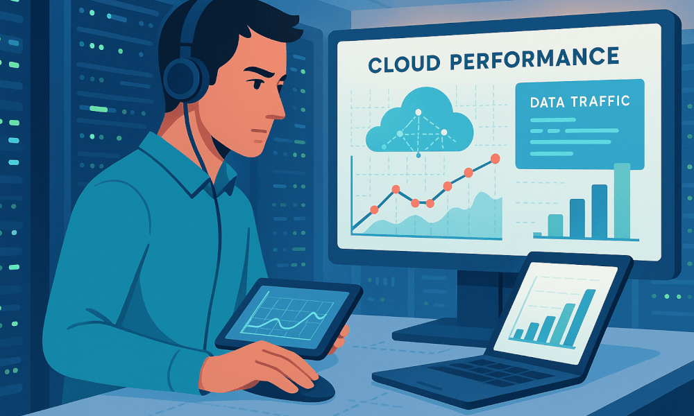 Un professionnel analysant les performances cloud sur un écran, avec des graphiques représentant le trafic de données, illustrant l'importance de Cloudflare dans l'optimisation de la performance web.
