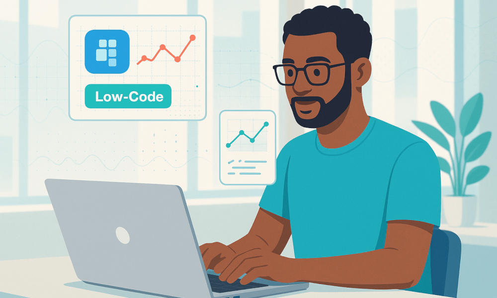 Un utilisateur travaillant sur PowerApps dans un environnement low-code, illustrant la création d'applications métiers personnalisées et l'automatisation des processus.
