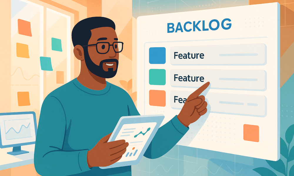 Un Product Owner examinant le backlog dans un environnement agile, avec des fonctionnalités listées et des graphiques de données en arrière-plan.