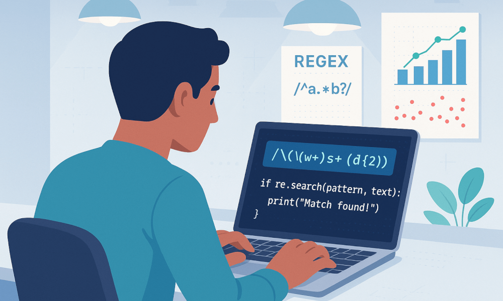 Personne utilisant un ordinateur portable pour écrire du code REGEXP avec un exemple de recherche de motifs en Python.