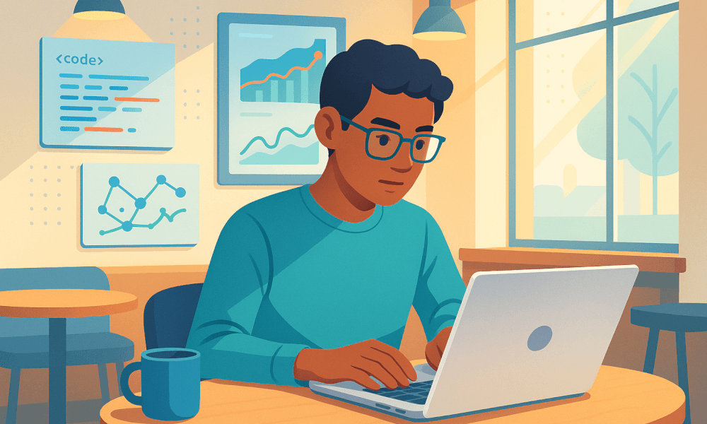 Un utilisateur concentré travaillant sur un ordinateur portable dans un café, utilisant Replit pour coder en ligne avec divers graphiques de données en arrière-plan.