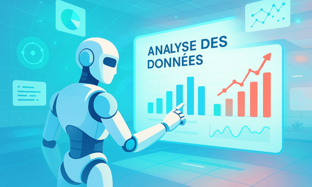 Robot interactif effectuant une analyse des données avec des graphiques montrant une tendance croissante, illustrant l'impact de l'AGI dans le domaine de l'intelligence artificielle.