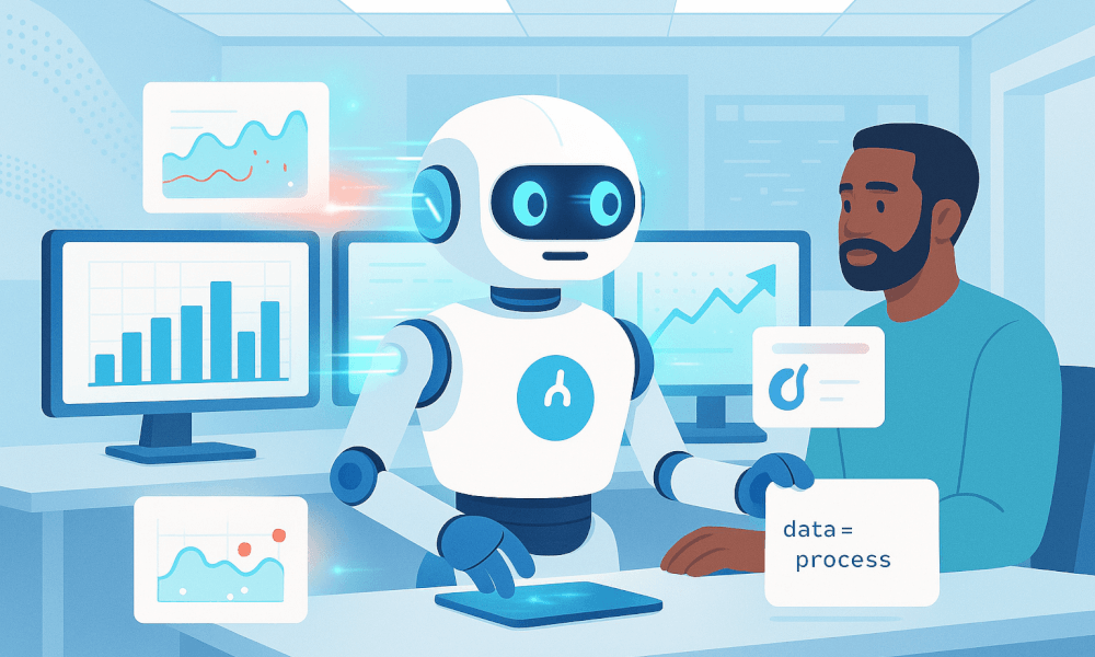 Un robot interactif présentant des graphiques de données et des statistiques, illustrant la robotisation des processus avec la RPA dans un environnement de bureau.