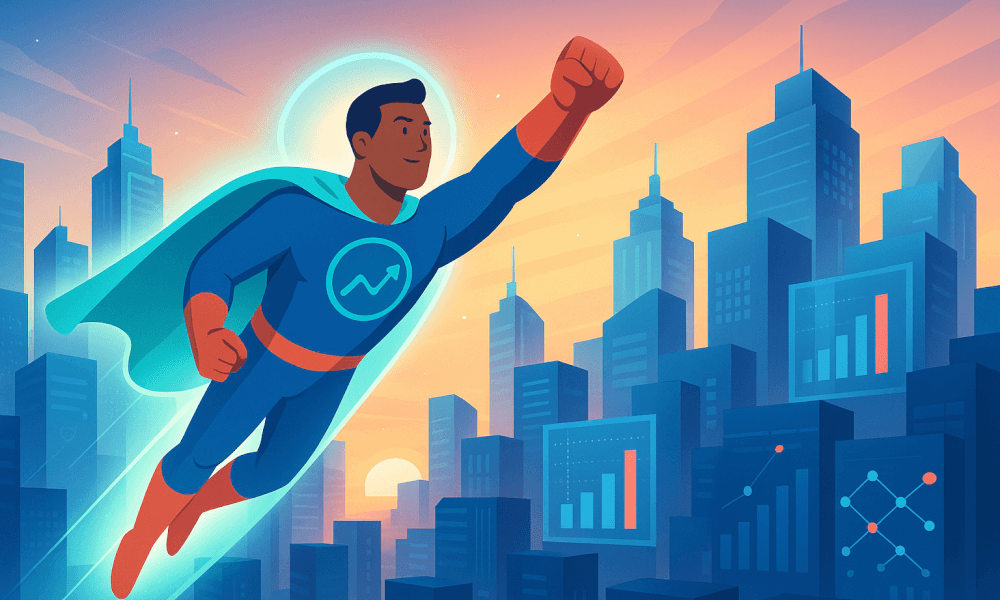 Héros en costume bleu volant au-dessus d'une ville, représentant les outils de monitoring et d'analyse de performance avec des graphiques en arrière-plan, symbolisant Sentry et la détection des erreurs.