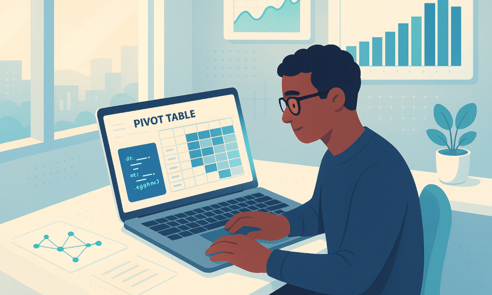 Personne utilisant un tableau croisé dynamique sur un ordinateur, illustrant les fonctionnalités d'analyse de données Excel.