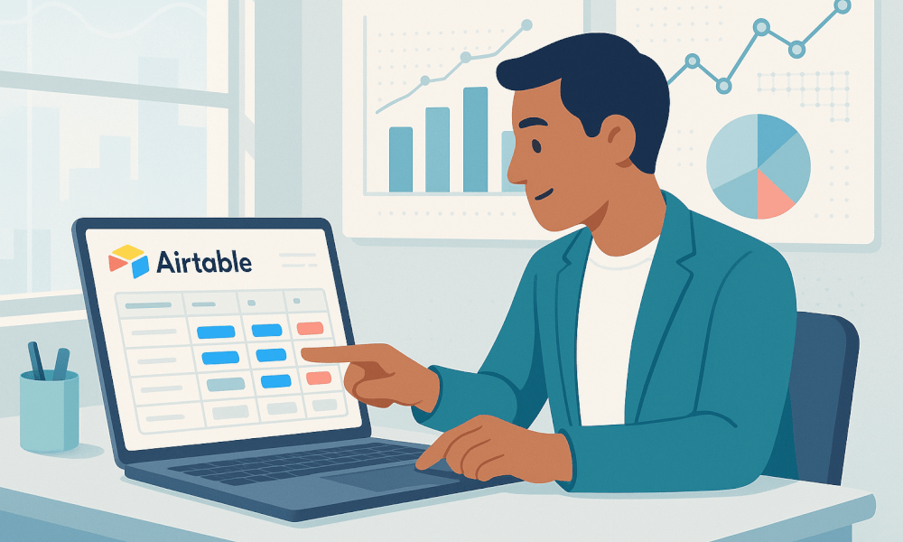 Utilisateur consultant Airtable sur son ordinateur portable, montrant un tableau de gestion de projets avec des graphiques en arrière-plan.