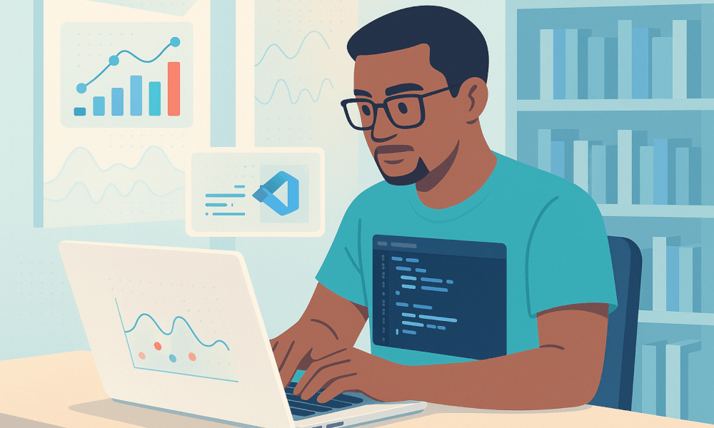 Un utilisateur travaillant sur Visual Studio Code sur un ordinateur portable, avec des graphiques et des codes affichés en arrière-plan, illustrant l'environnement de développement.