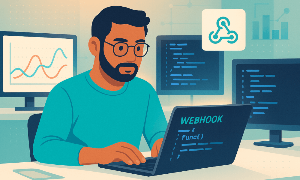 Développeur travaillant sur un ordinateur portable affichant le code du webhook, avec des graphiques de données en arrière-plan, illustrant l'automatisation et l'intégration logicielle.