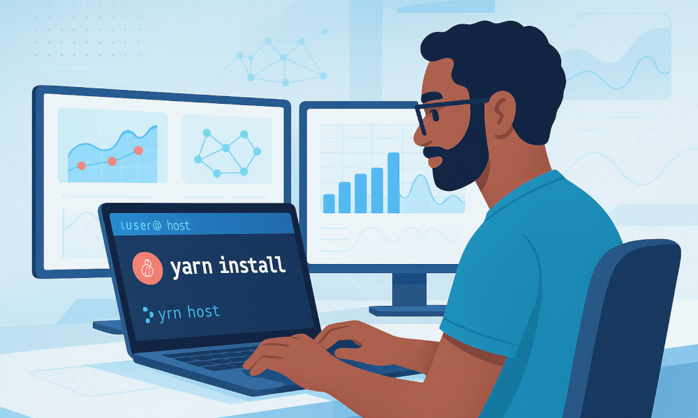 Un utilisateur travaillant sur son ordinateur portable avec la commande 'yarn install' affichée, entouré de graphiques et de données sur des écrans supplémentaires, illustrant le développement JavaScript moderne.