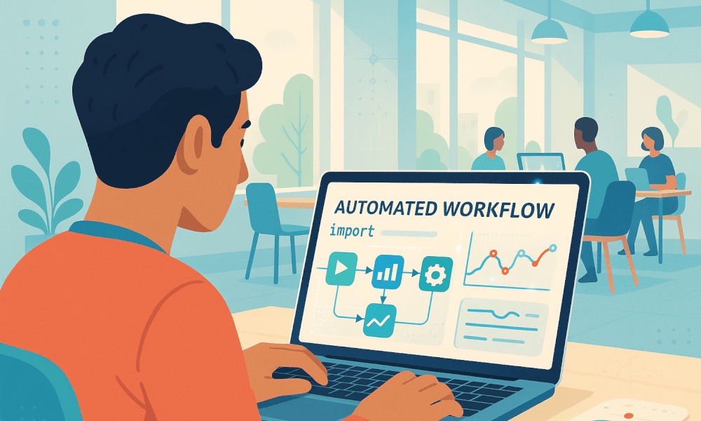 Illustration d'un homme utilisant Zapier sur un ordinateur pour configurer un flux de travail automatisé avec des graphiques et des tableaux.