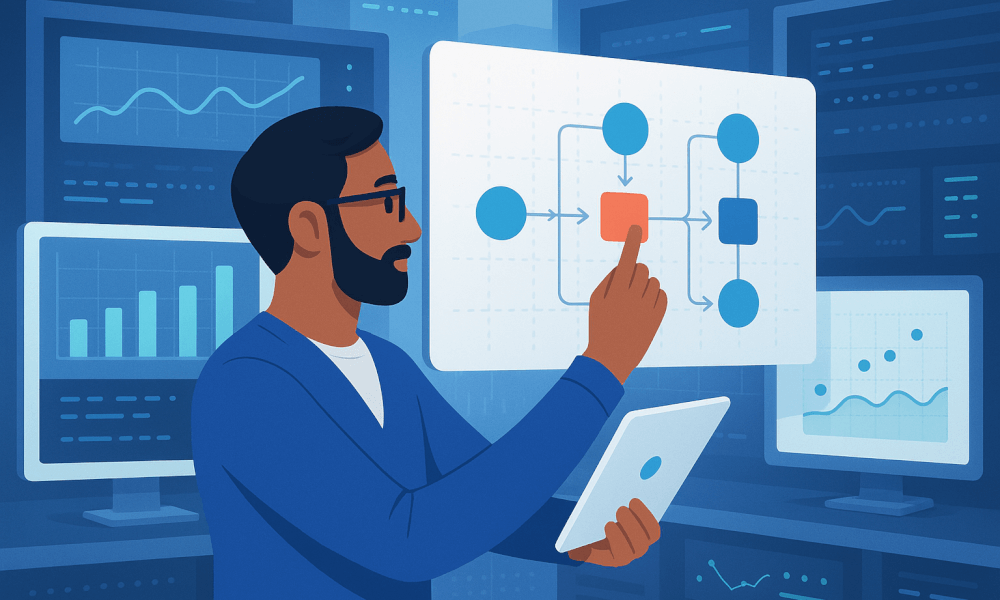 Professionnel analysant un workflow d'automatisation de données sur des écrans, illustrant l'utilisation d'Airflow dans la gestion des workflows.