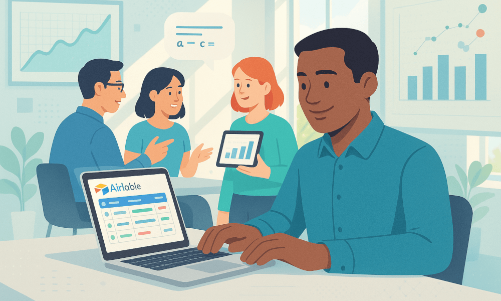 Illustration d'une réunion d'équipe utilisant Airtable pour la gestion de projet collaboratif, avec un tableau de données sur un ordinateur portable.