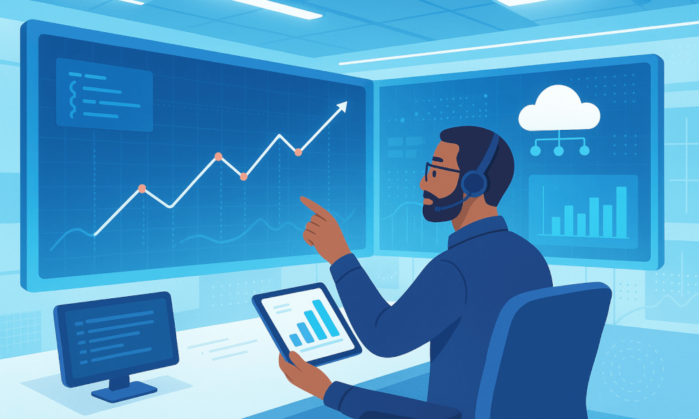Un analyste observant des graphiques de performances sur des écrans, représentant l'utilisation d'Amazon Web Services pour la gestion des données et le cloud computing.