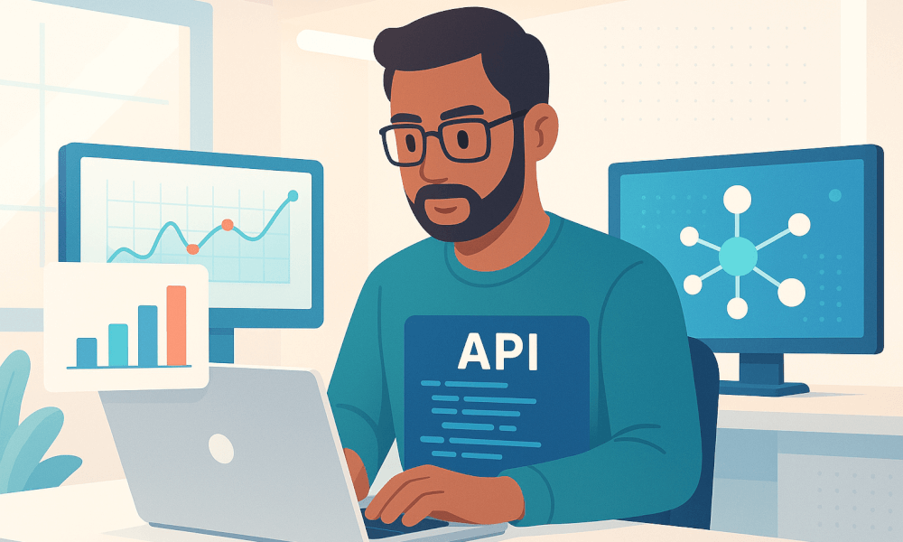 Un développeur travaillant sur une API REST, avec des graphiques et des données sur des écrans, illustrant l'utilisation de requêtes HTTP et de JSON dans le développement web.