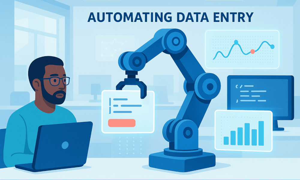 Illustration représentant un robot automatisant l'entrée de données avec un homme travaillant sur un ordinateur, illustrant l'utilisation de RPA pour optimiser les processus métier.