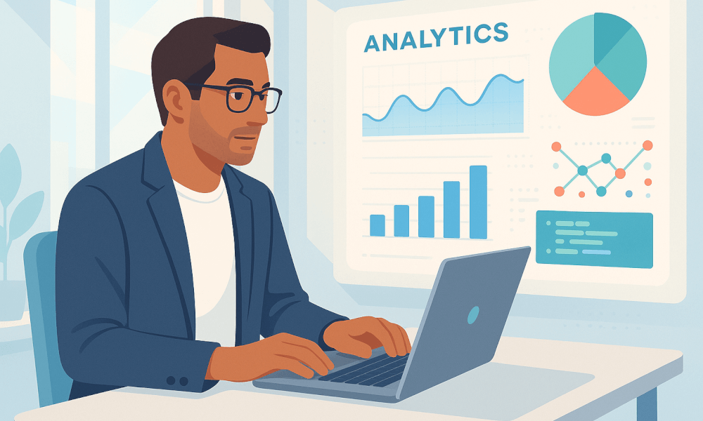 Un business analyst travaillant sur un ordinateur portable devant des graphiques et des indicateurs de performance montrant des tendances analytiques.