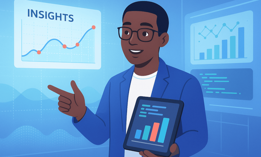 Un professionnel présentant des graphiques d'analyse de données, illustrant l'utilisation de ChatGPT-4 pour la génération de contenu et l'automatisation avec une intelligence artificielle.