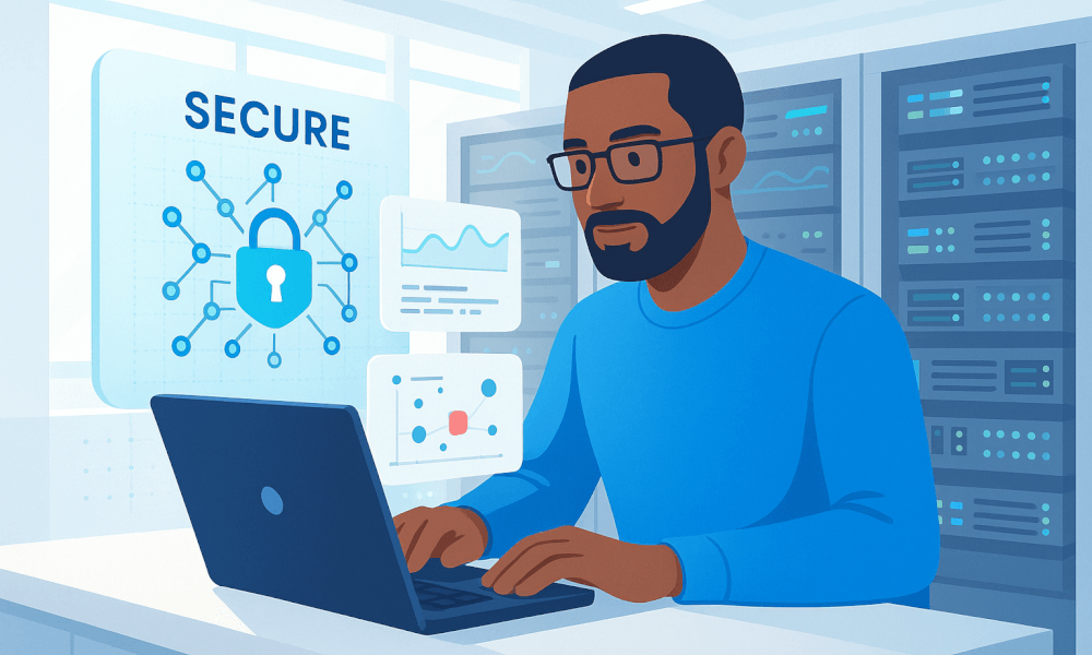 Un utilisateur travaillant sur un ordinateur portable avec des graphiques de sécurité et de performance liés à Cloudflare, illustrant les services de protection DDoS, de CDN et d'optimisation de site internet.
