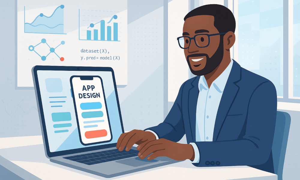 Un professionnel travaillant sur la conception d'une application métier avec PowerApps sur un ordinateur portable, entouré de graphiques de données et d'équations.
