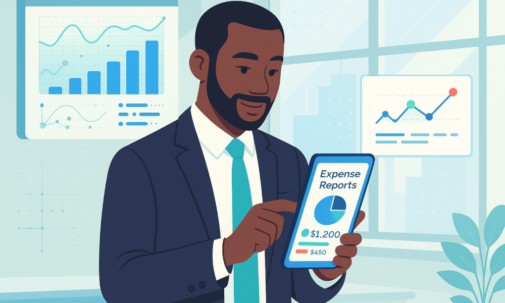 Homme d'affaires consultant des rapports de dépenses sur une tablette, avec des graphiques de performance en arrière-plan, illustrant l'utilisation de SAP Concur pour la gestion des dépenses et des voyages.