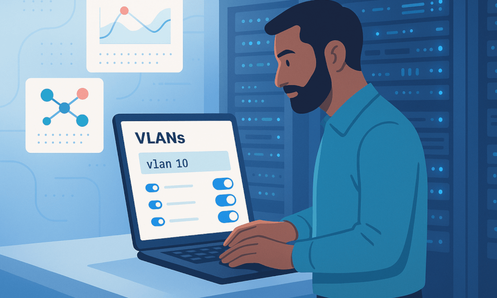 Technicien configurant des VLAN sur un ordinateur portable dans un centre de données, avec des graphiques sur les réseaux en arrière-plan.